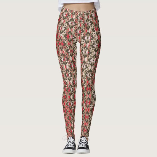 Gemusterte Blume in Grau, Rot und Schwarz Leggings (Vorderseite)