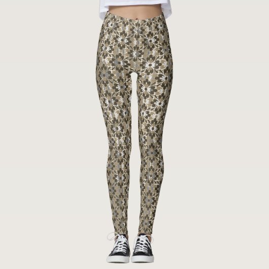 Gemusterte Blume von Tan, Grau und Braun Leggings (Vorderseite)