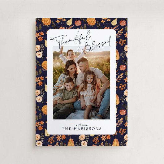 Gemusterte Erntedank-Fotokarte für den Navy Herbst Einladung