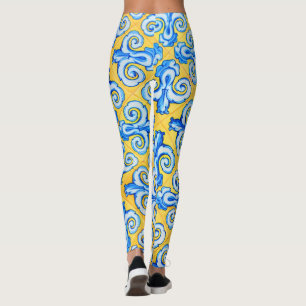 Gemusterte, gelbe und blaue, mediterrane Fliesen Leggings