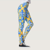 Gemusterte, gelbe und blaue, mediterrane Fliesen Leggings (Rechts)