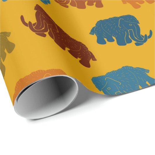 Gemusterte goldfarbene, blaue, oranfarbene Wollmam Geschenkpapier (Rolleneckpunkt)