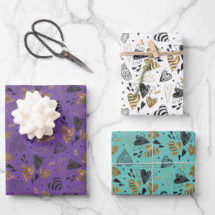 Gemusterte Herzdoodles Geschenkpapier Set
