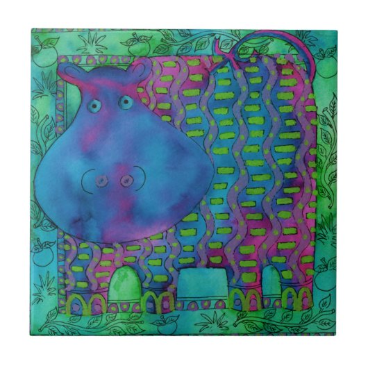 Gemusterte Hippo-Aquarellabbildung Fliese (Vorderseite)
