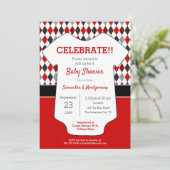 Gemusterte Kinderdusche in Rot und Schwarz Raute Einladung (Stehend Vorderseite)