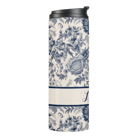 Gemusterte Navy und White Floral Toile Thermosbecher (Nach links gedreht)