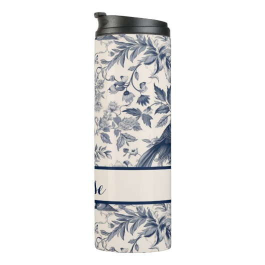 Gemusterte Navy und White Floral Toile Thermosbecher (Nach rechts gedreht)