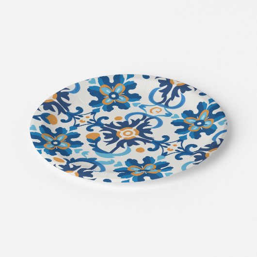 Gemusterte Papierschale aus blau und braun Pappteller (Schrägansicht)