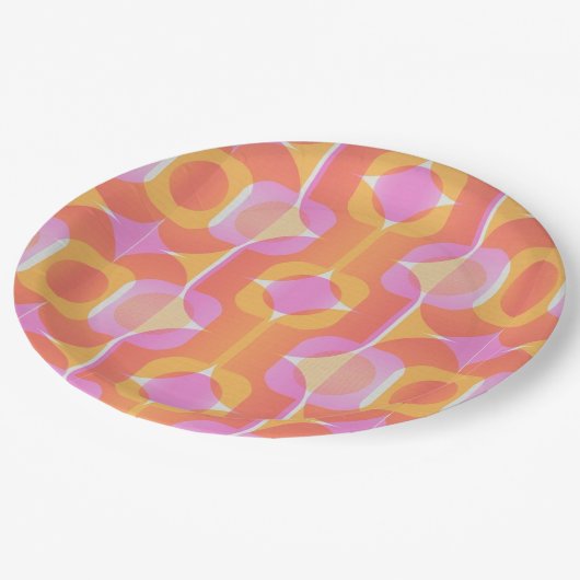 gemusterte Retrosa und Orange der 60er Jahre  Pappteller (Schrägansicht)