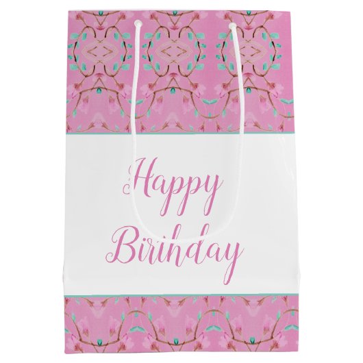 Gemusterte, rosa Geschenktasche mit Aquamarinem Ak Mittlere Geschenktüte (Rückseite)