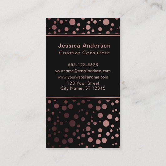 Gemusterte Rose Gold Confetti Blasen über Schwarz Visitenkarte (Rückseite)
