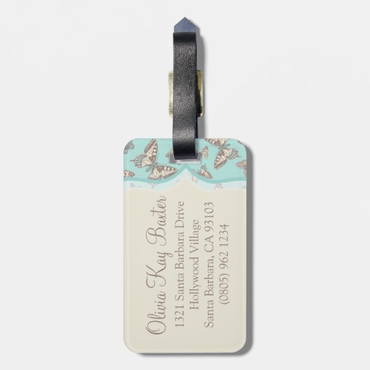 Gemusterte Schmetterlinge aquamarin mit Gepäckanhä Gepäckanhänger (Rückseite vertikal)