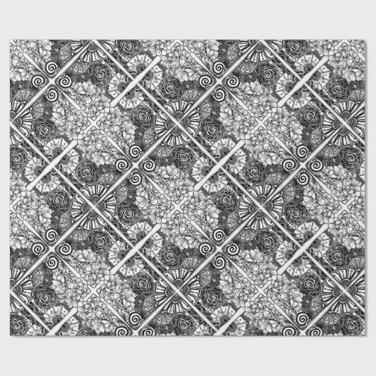 Gemusterte Schwarz-Weiß-Blüte Zeichnend Geschenkpapier (Flach)