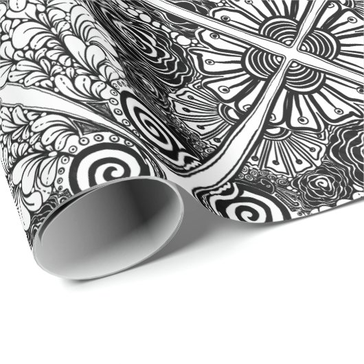 Gemusterte Schwarz-Weiß-Blüte Zeichnend Geschenkpapier (Rolleneckpunkt)