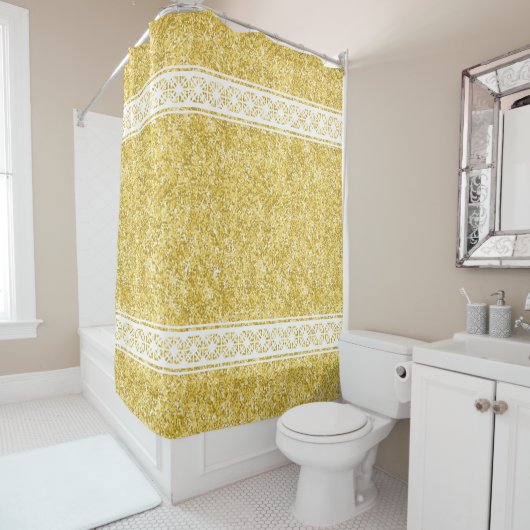 Gemusterte Streifen mit weißer Geometrie auf Gold- Duschvorhang (Beispiel)