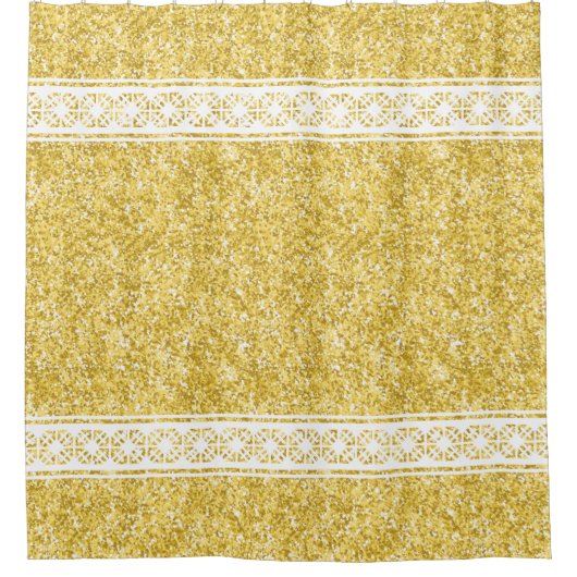 Gemusterte Streifen mit weißer Geometrie auf Gold- Duschvorhang (Vorderseite)