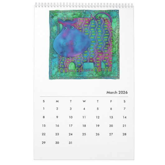 Gemusterte Tiere Wasserfarben Kunst Kalender (Mär 2026)