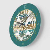 Gemusterte tropische Blätter aquamarin, goldene Pi Große Wanduhr (Winkel)