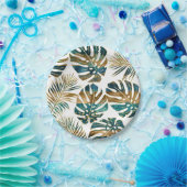 Gemusterte tropische Blätter aquamarin, goldene Pi Pappteller (Party)