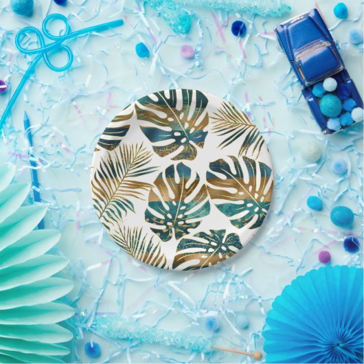 Gemusterte tropische Blätter aquamarin, goldene Pi Pappteller (Party)