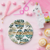 Gemusterte tropische Blätter aquamarin, goldene Pi Pappteller (Party)