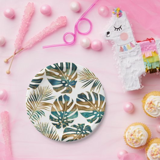 Gemusterte tropische Blätter aquamarin, goldene Pi Pappteller (Party)