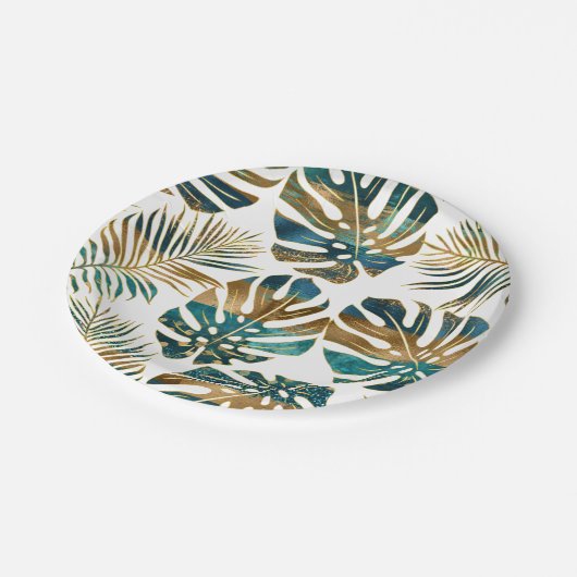 Gemusterte tropische Blätter aquamarin, goldene Pi Pappteller (Schrägansicht)