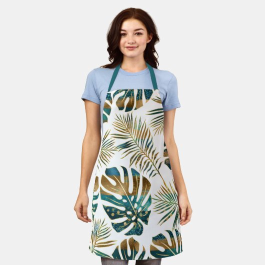 Gemusterte tropische Blätter aquamarin, goldene Pi Schürze (Getragen)