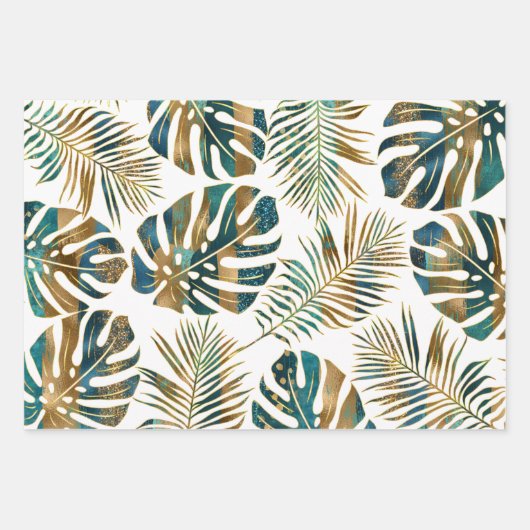 gemusterte tropische Blätter aquamarin und gold (Vorderseite 3)
