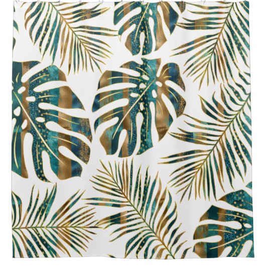 gemusterte tropische Blätter aquamarin und gold Duschvorhang (Vorderseite)