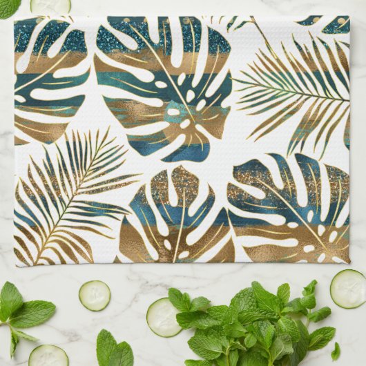 gemusterte tropische Blätter aquamarin und gold Geschirrtuch (Gefaltet)