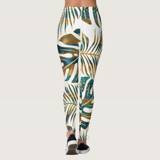 gemusterte tropische Blätter aquamarin und gold Leggings (Rückseite)