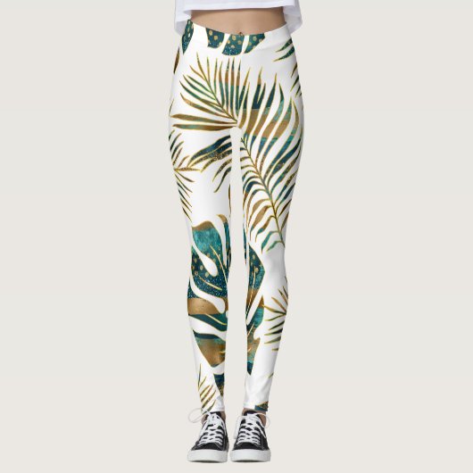 gemusterte tropische Blätter aquamarin und gold Leggings (Vorderseite)
