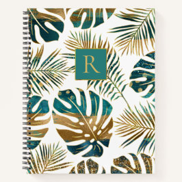 gemusterte tropische Blätter aquamarin und gold, m Notizblock