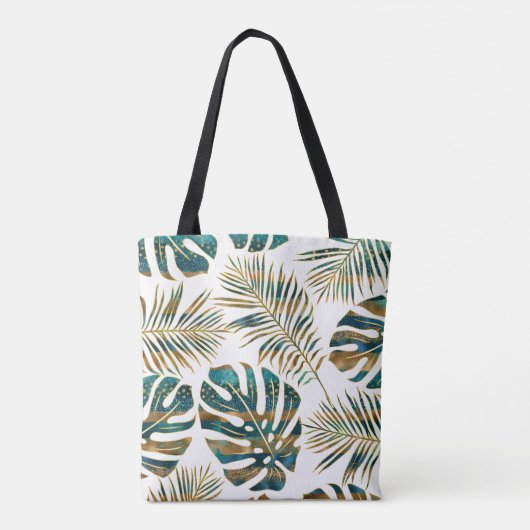 gemusterte tropische Blätter aquamarin und gold Tasche (Rückseite)
