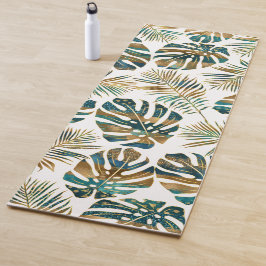 gemusterte tropische Blätter aquamarin und gold Yogamatte