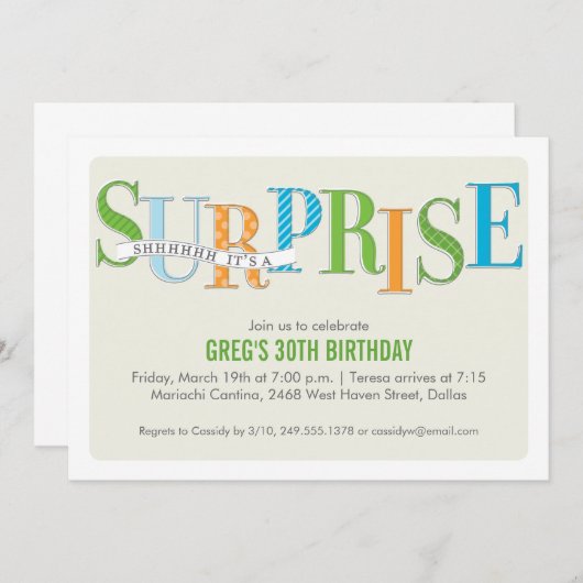 Gemusterte überraschende Party Einladung in Grün (Vorne/Hinten)