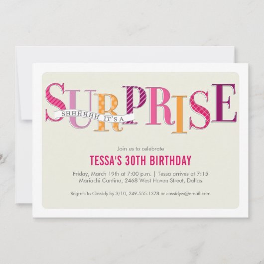 Gemusterte Überraschung Party Einladung in Rosa (Vorderseite)