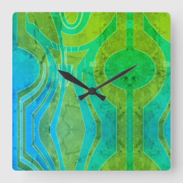 Gemusterte Wirkung Grünes Olive Blue Curvy Motif Quadratische Wanduhr