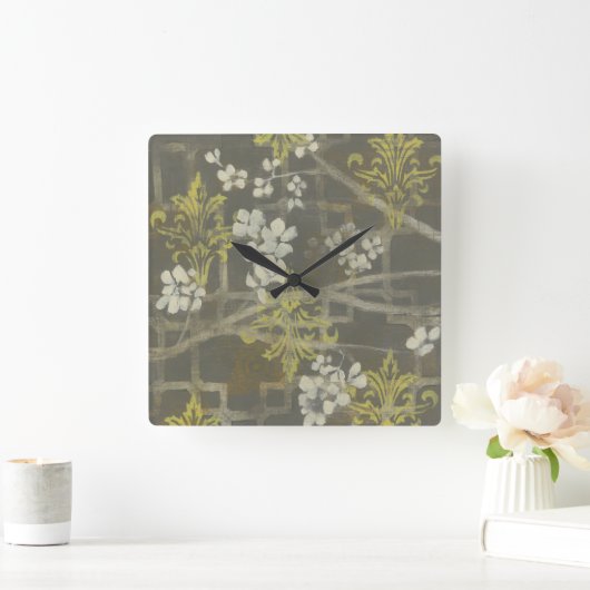 Gemusterte Zweigstelle Blossom I Quadratische Wanduhr (Zuhause)