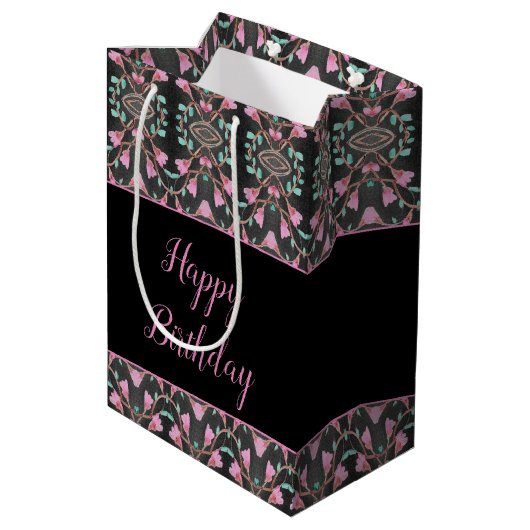 Gemusterter schwarzer Tasche mit Aquamarinem und r Mittlere Geschenktüte (Rückseite Schrägansicht)