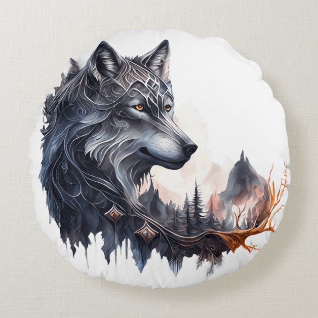 Gemusterter Wolf  Rundes Kissen (Vorderseite)