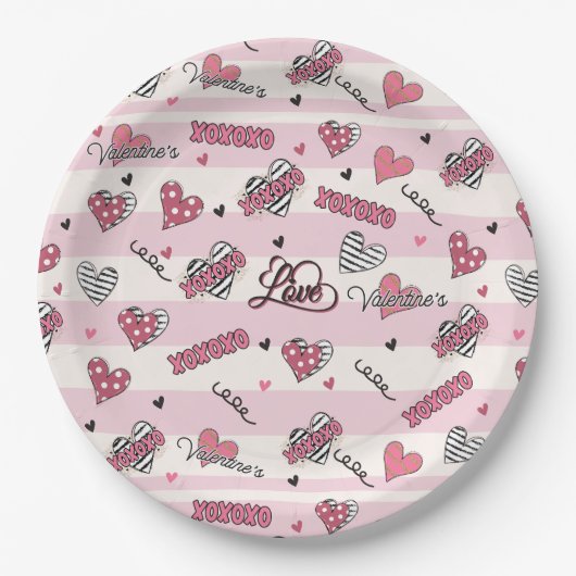 Gemusterter XOXO Valentinstag Pappteller (Vorderseite)