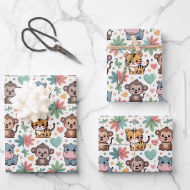 Gemustertes Bild mit Cartoon-Tieren Geschenkpapier Set