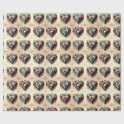 Gemustertes blaues und rotes Herz Geschenkpapier (Flach)