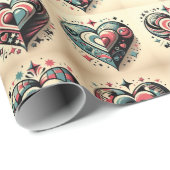 Gemustertes blaues und rotes Herz Geschenkpapier (Rolleneckpunkt)