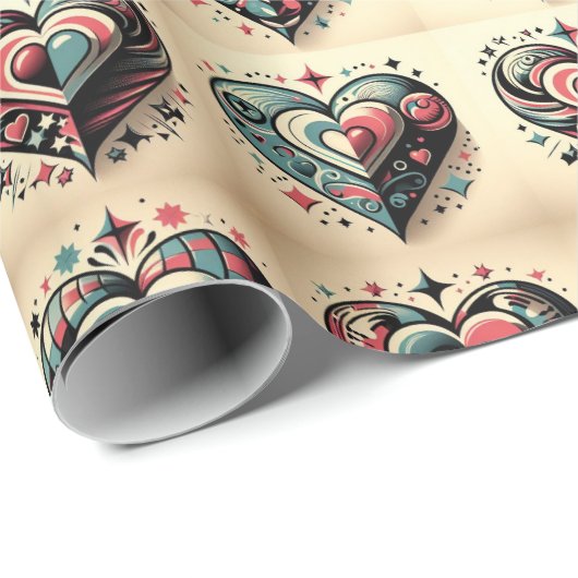 Gemustertes blaues und rotes Herz Geschenkpapier (Rolleneckpunkt)