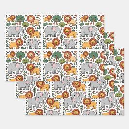 Gemustertes Design mit Elefanten und Löwen. Geschenkpapier Set