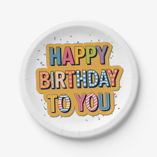 Gemustertes Happy Birthday Pappteller (Vorderseite)