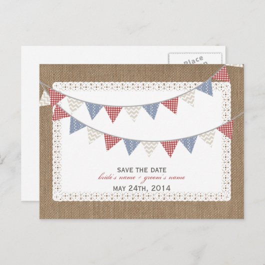 Gemustertes Jagdburlap Save the Date Inspiriert Ankündigungspostkarte (Vorne/Hinten)